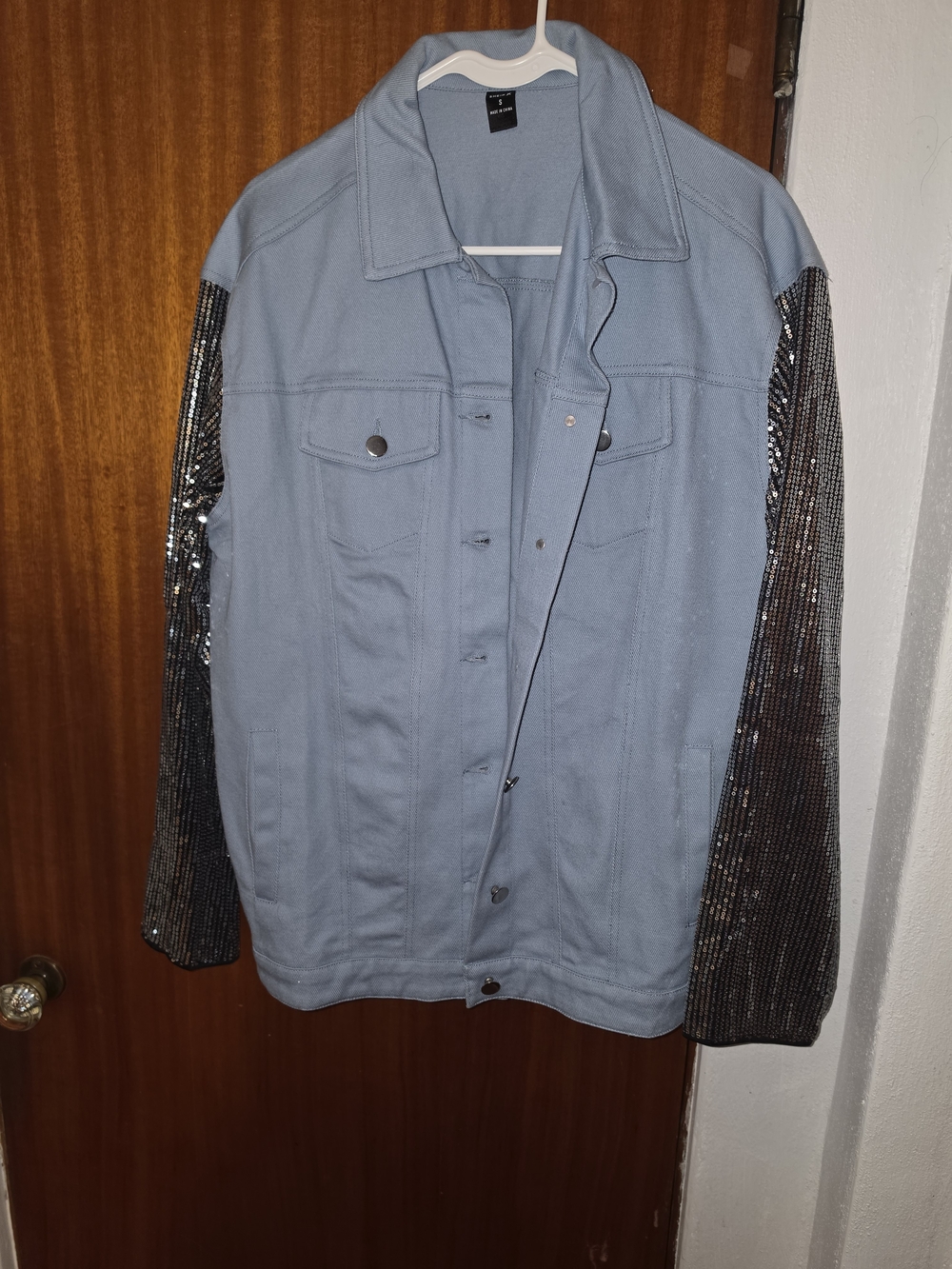 SHEIN Light Blue Denim Jacket with Black Sequin Sleeves